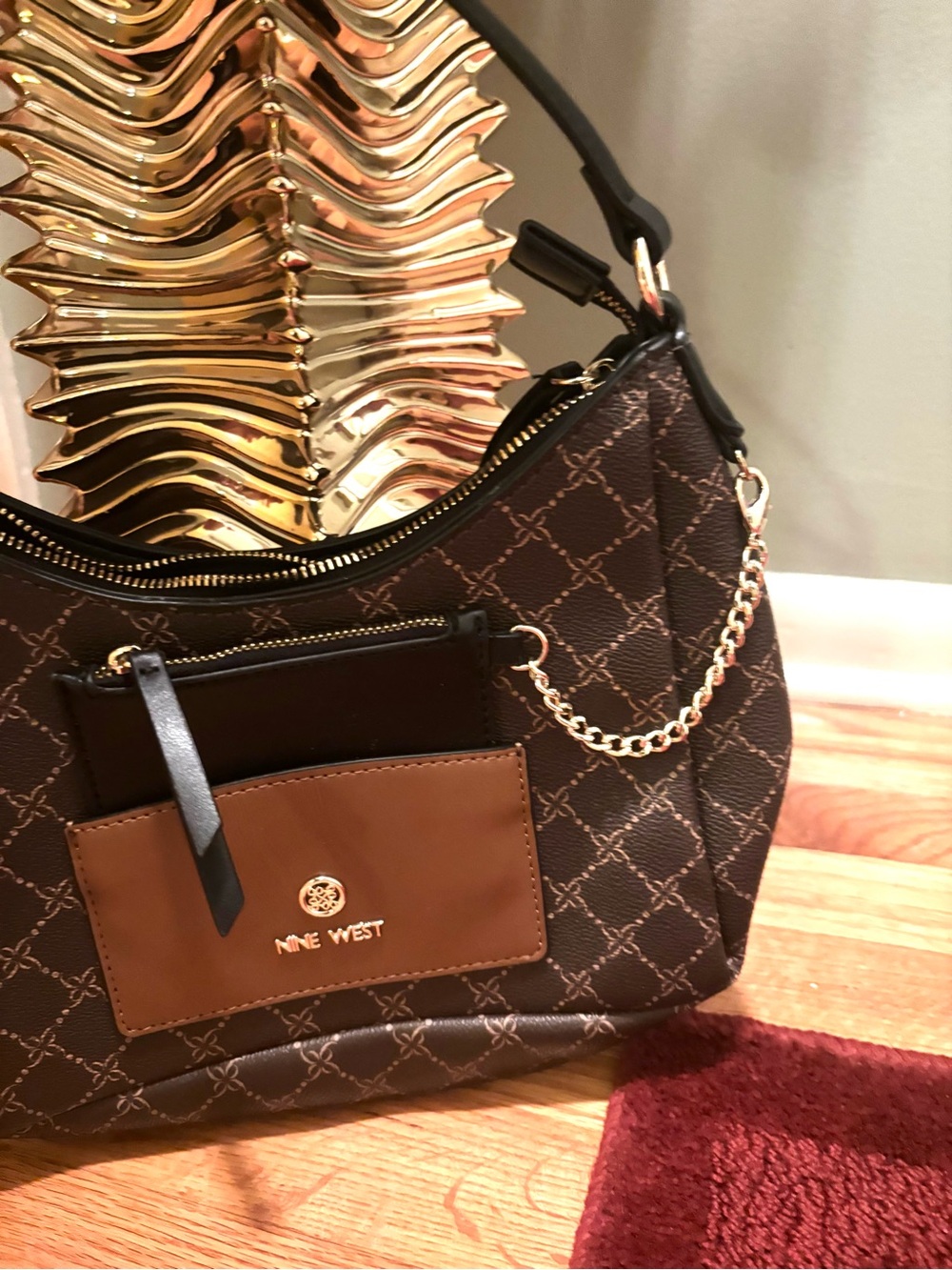 Nine West Brown Logo-Print Shoulder Bag with Tan Front Pocket and Gold Chain - Picture 3 of 6